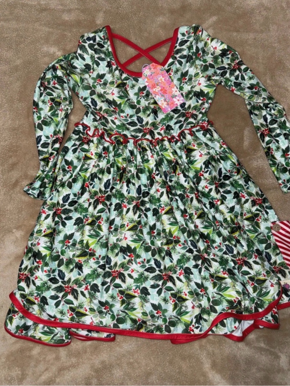 cheeky plum Green Holly Print Dress with Red Trim